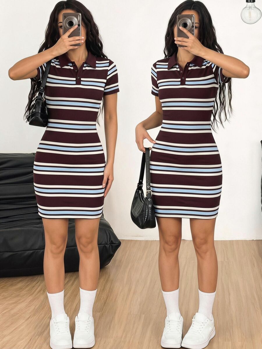 SHEIN 少女春夏新款针织休闲简约舒适条纹短袖连衣裙 - 彩色 - 查看 1