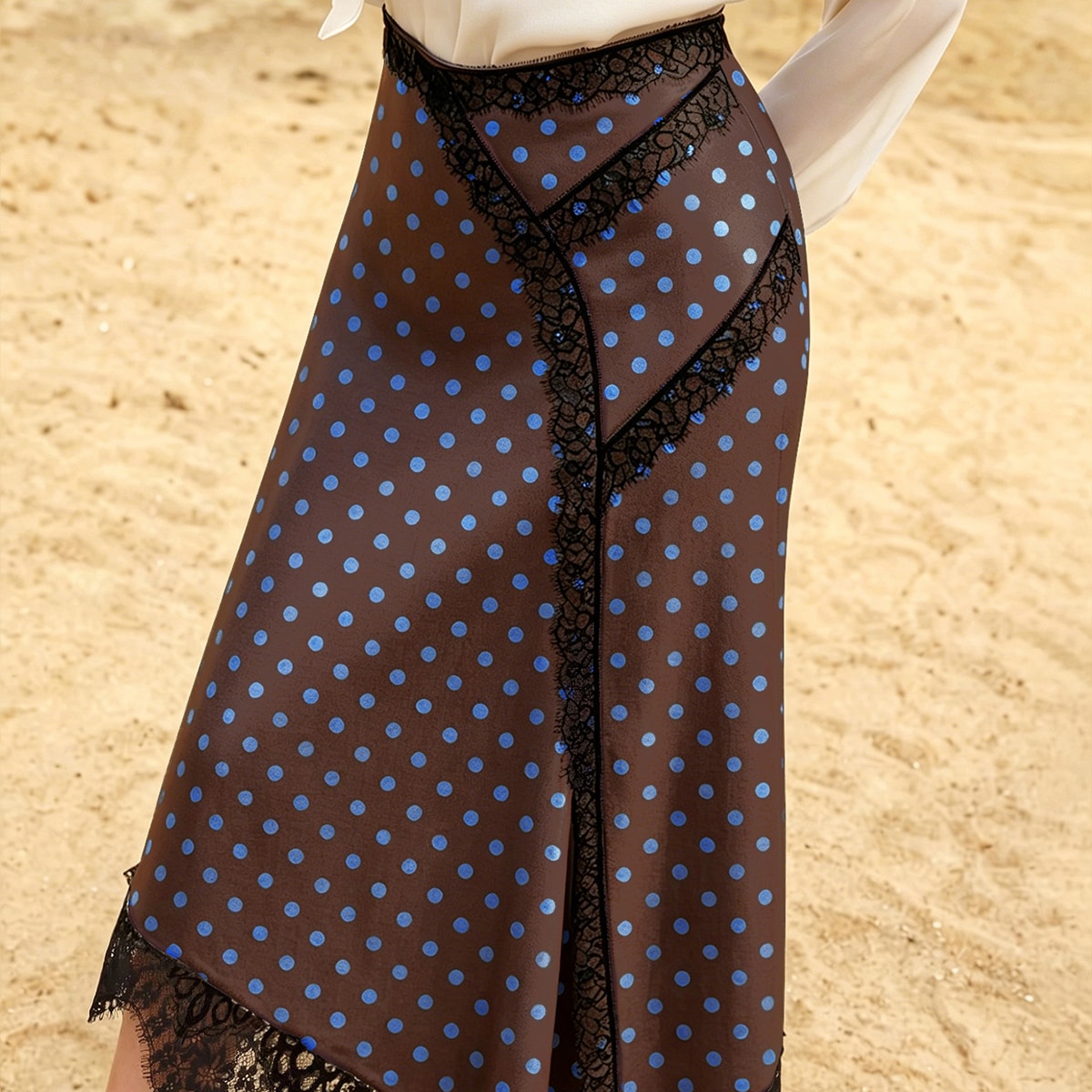 Blue Polka Dot Pattern Dark Coffee Color Elegant Low Waist Skirt, Black Lace Trim Design, Women's Asymmetric Hem Elegant Long Skirt