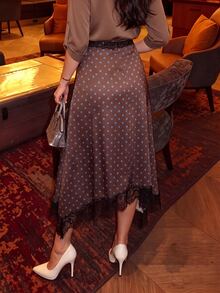 Modelyn 棕色波點圖案優雅 70 年代 2000 年代低腰長裙，蕾絲飾邊設計，女款不對稱下擺長裙，適合早午餐與夏季 - 彩色 - 查看 6