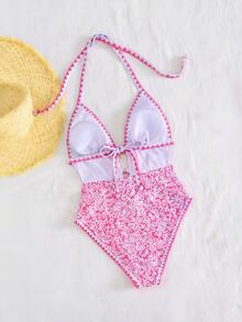 SHEIN Swim Neue Ankunft Damen eleganter Boho Strandurlaub Stil Badeanzug - Blau Blumen Muster Neckholder Monokini mit Seestern Charm Detail & Zickzack Saum - Glatte, dehnbare atmungsaktive Stoff - Schmeichelndes Ausschnitt Design, hoher Beinausschnitt, Küsten-Chic Vibe - Perfekte Bademode für Sommer Strandurlaub, Pool Party Musikfestival Hochzeiten, Frühjahrs Urlaubsoutfit Resort Wear, Tropischer Kurzurlaub - Pink - Übersicht 3