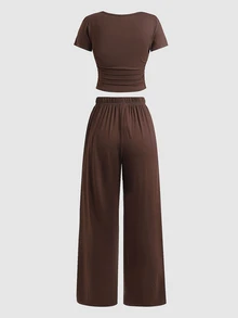 SHEIN Teen Girl Brown Knit Short Sleeve T-Shirt And Long Pants 2 Pieces Set, Casual Daily Fashion Versatile - Brown - View 2