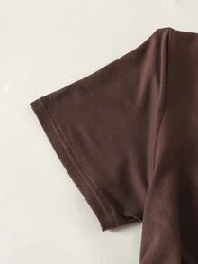 SHEIN Teen Girl Brown Knit Short Sleeve T-Shirt And Long Pants 2 Pieces Set, Casual Daily Fashion Versatile - Brown - View 5