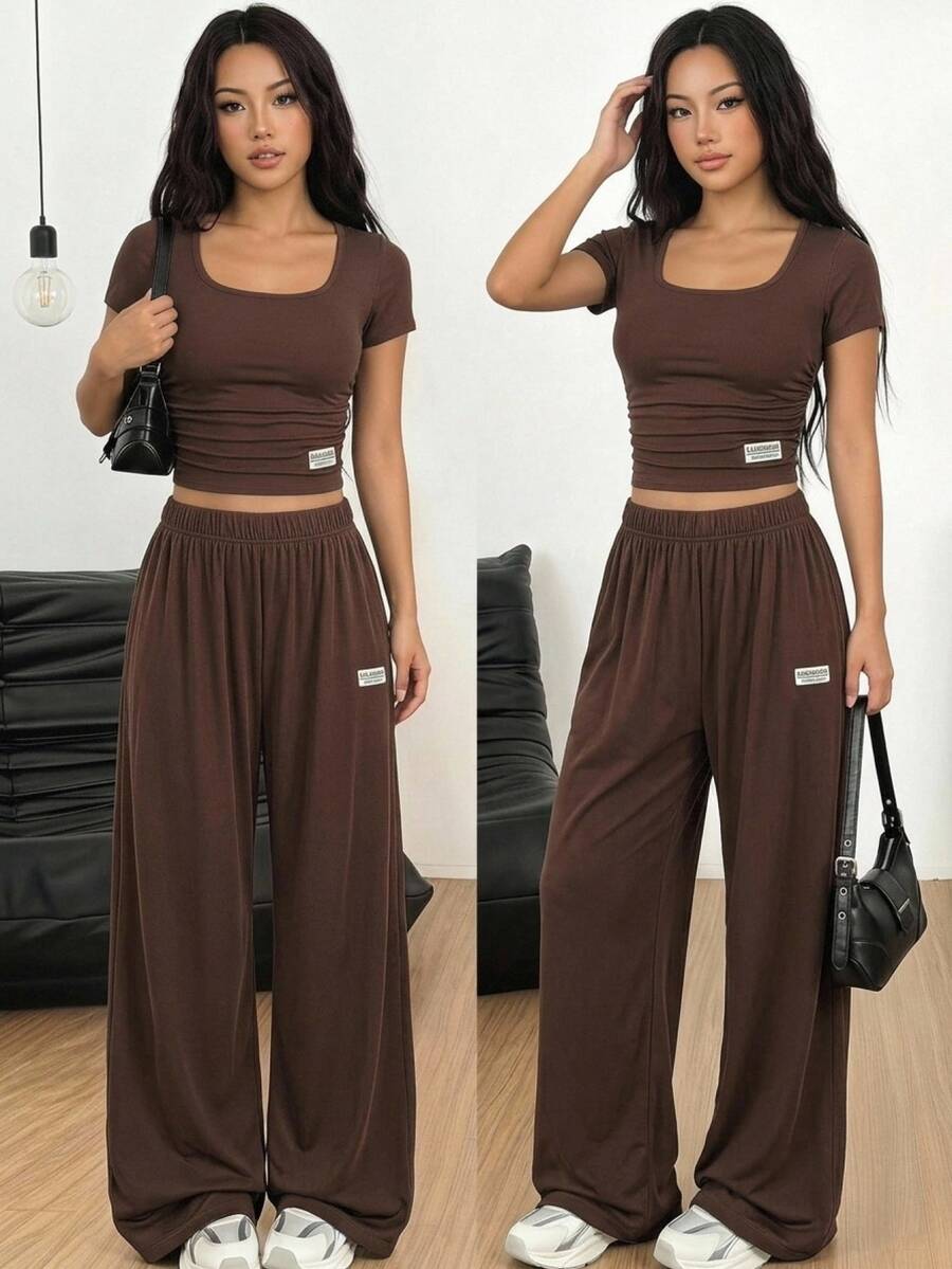 SHEIN Teen Girl Brown Knit Short Sleeve T-Shirt And Long Pants 2 Pieces Set, Casual Daily Fashion Versatile - Brown - View 1