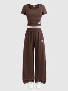 SHEIN Teen Girl Brown Knit Short Sleeve T-Shirt And Long Pants 2 Pieces Set, Casual Daily Fashion Versatile - Brown - View 3