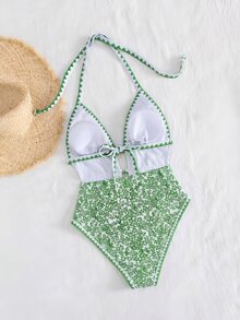 Swim Mod 新款女士优雅波西米亚风海滩度假连体泳衣 - 蓝色花卉印花挂脖式连体泳衣，饰有海星吊坠和锯齿形滚边 - 顺滑弹力透气面料 - 修身镂空设计，高开衩腿部，尽显海岸时尚风情 - 夏季海滩度假、泳池派对、音乐节、婚礼、春季假期度假、热带之旅的完美泳装 - 綠色 - 查看 3