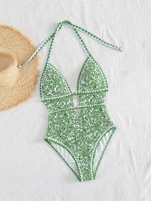 Swim Mod 新款女士优雅波西米亚风海滩度假连体泳衣 - 蓝色花卉印花挂脖式连体泳衣，饰有海星吊坠和锯齿形滚边 - 顺滑弹力透气面料 - 修身镂空设计，高开衩腿部，尽显海岸时尚风情 - 夏季海滩度假、泳池派对、音乐节、婚礼、春季假期度假、热带之旅的完美泳装 - 綠色 - 查看 4