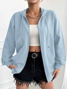 EURMUSE Casual Zip-Up Drawstring Hoodie, Loose Fit For Everyday, Autumn - Baby Blue - View 3