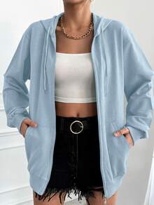 EURMUSE Casual Zip-Up Drawstring Hoodie, Loose Fit For Everyday, Autumn - Baby Blue - View 5