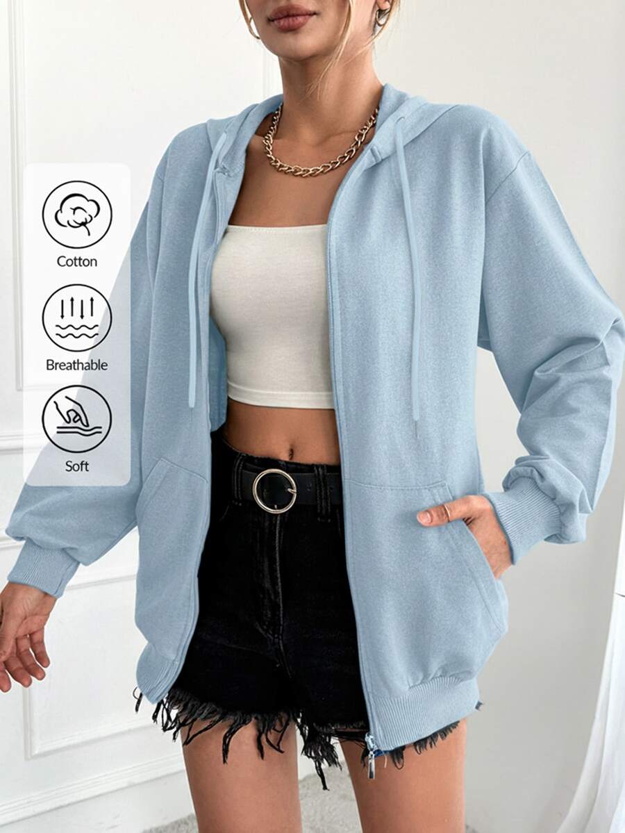 EURMUSE Casual Zip-Up Drawstring Hoodie, Loose Fit For Everyday, Autumn - Baby Blue - View 1