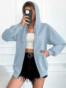 EURMUSE Casual Zip-Up Drawstring Hoodie, Loose Fit For Everyday, Autumn - Baby Blue - View 4