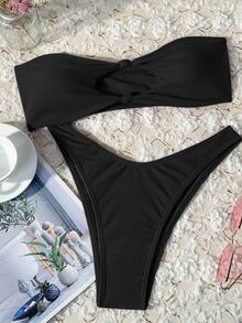 Swim Vcay Solid Color Bikini Swimming Suit For Beach Vacation, Strapless, Wireless For Summer - Black - View 3