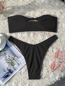 Swim Vcay Solid Color Bikini Swimming Suit For Beach Vacation, Strapless, Wireless For Summer - Black - View 4