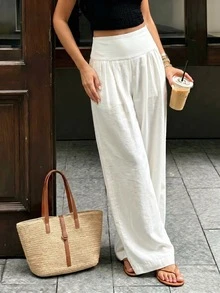 Cévolie 女款休閒純色百褶寬腿長褲 - 白色 - 查看 5
