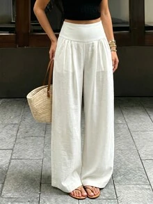 Cévolie 女款休閒純色百褶寬腿長褲 - 白色 - 查看 7