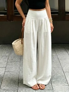 Cévolie 女款休閒純色百褶寬腿長褲 - 白色 - 查看 4