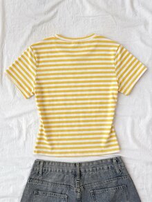 Tween Girl T-Shirts Summer New Casual Minimalist Striped Slim Fit Short Sleeve T-Shirt - Yellow - View 7