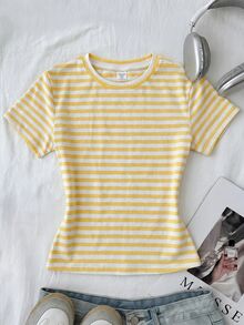 Tween Girl T-Shirts Summer New Casual Minimalist Striped Slim Fit Short Sleeve T-Shirt - Yellow - View 2