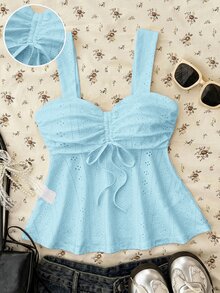 SHEIN Teen Girls Knitted Textured Ruched Bust Casual Camisole - Baby Blue - View 3