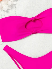 SHEIN Swim 女士純色無肩帶性感比基尼套裝，無鋼圈，適用於度假、夏日沙灘 - 玫紅色 - 查看 4