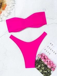 SHEIN Swim 女士純色無肩帶性感比基尼套裝，無鋼圈，適用於度假、夏日沙灘 - 玫紅色 - 查看 2