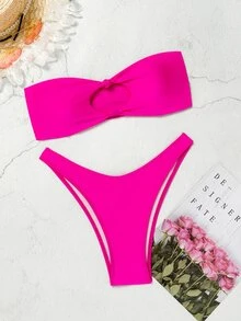 SHEIN Swim 女士純色無肩帶性感比基尼套裝，無鋼圈，適用於度假、夏日沙灘 - 玫紅色 - 查看 3