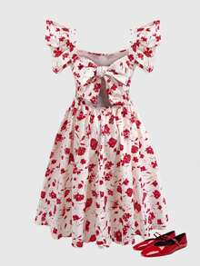 SHEIN Tween Girl Elegant Ditsy Floral Ruffle Back Cutout Beach Vacation, Hawaii Beach, Floral, Ruffle, Back Bow Dress Tween Girl - Multicolor - View 4