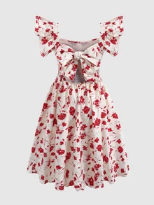 SHEIN Tween Girl Elegant Ditsy Floral Ruffle Back Cutout Beach Vacation, Hawaii Beach, Floral, Ruffle, Back Bow Dress Tween Girl - Multicolor - View 5