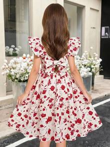 SHEIN Tween Girl Elegant Ditsy Floral Ruffle Back Cutout Beach Vacation, Hawaii Beach, Floral, Ruffle, Back Bow Dress Tween Girl - Multicolor - View 1