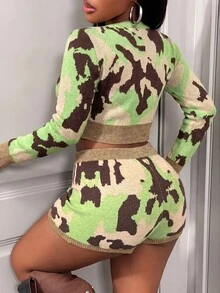 BamGleam Women Vintage Sexy Camouflage Print Knit Co Ord Set Double Zipper Long Sleeve Cropped Cardigan High Waist Night Beige Autumn - Multicolor - View 7