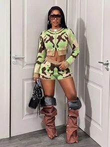 BamGleam Women Vintage Sexy Camouflage Print Knit Co Ord Set Double Zipper Long Sleeve Cropped Cardigan High Waist Night Beige Autumn - Multicolor - View 5