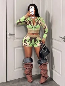 BamGleam Women Vintage Sexy Camouflage Print Knit Co Ord Set Double Zipper Long Sleeve Cropped Cardigan High Waist Night Beige Autumn - Multicolor - View 8