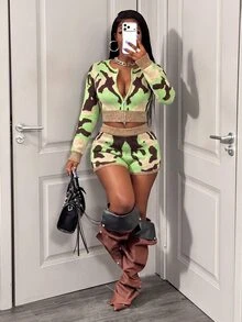 BamGleam Women Vintage Sexy Camouflage Print Knit Co Ord Set Double Zipper Long Sleeve Cropped Cardigan High Waist Night Beige Autumn - Multicolor - View 3
