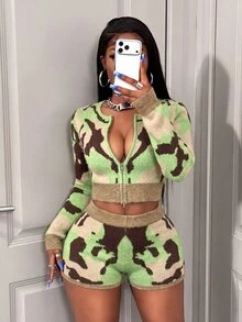 BamGleam Women Vintage Sexy Camouflage Print Knit Co Ord Set Double Zipper Long Sleeve Cropped Cardigan High Waist Night Beige Autumn - Multicolor - View 2