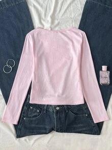 SHEIN Tween女孩長袖T恤 羅紋圓領彈性修身 百搭簡約舒適上衣 - 粉色 - 查看 7