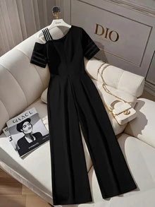 SHEIN Elenzya 大码女式休闲纯色简约百搭连体裤 - 黑與白 - 查看 2