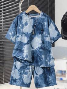 SHEIN Kids Tween Boy Tie-Dye Short Sleeve T-Shirt And Shorts Set, Vacation - Multicolor - View 7