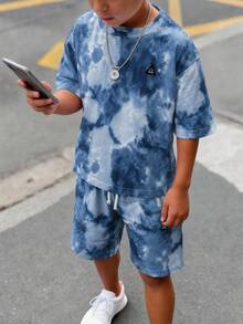 SHEIN Kids Tween Boy Tie-Dye Short Sleeve T-Shirt And Shorts Set, Vacation - Multicolor - View 2