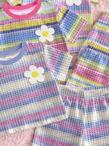 女嬰簡單休閒 3 件套短袖上衣花卉圖案 3 入組 - 白色 - 查看 5