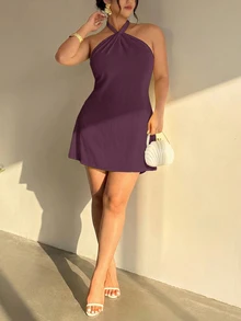 Firerie 大尺碼女款純色時尚優雅性感掛脖洋裝 深紫色 夏季約會之夜 外出聚會 正式晚禮服 - 淺灰紫 - 查看 8