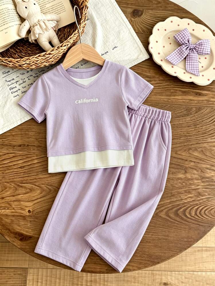 Young Girls' 2pcs T-Shirt & Pants Set, Letter Print 2-In-1 Patchwork Short Sleeve Top, Casual Fall Outfit For School & Play - Mauve Purple - View 3