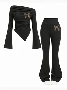 SHEIN Girlism 青少年女孩休閒 Y2K 童裝可愛極簡蝴蝶結黑色 T 恤套裝，適合秋季學校假期 - 彩色 - 查看 4