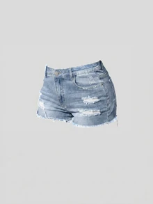 SHEIN 青少年女孩鈕扣口袋磨損毛邊時尚牛仔短褲 - 淺色水洗藍 - 查看 3