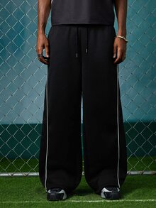 EVRINFINITE Men's Casual Loose Fit Straight Leg Sweatpants With Contrast Color Embroidered Panels, Thermal Lined, Suitable For Autumn/Winter - Black - View 1