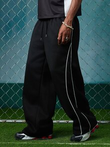 EVRINFINITE Men's Casual Loose Fit Straight Leg Sweatpants With Contrast Color Embroidered Panels, Thermal Lined, Suitable For Autumn/Winter - Black - View 4