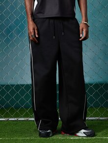 EVRINFINITE Men's Casual Loose Fit Straight Leg Sweatpants With Contrast Color Embroidered Panels, Thermal Lined, Suitable For Autumn/Winter - Black - View 5