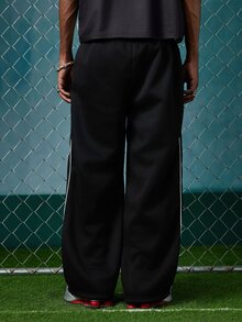 EVRINFINITE Men's Casual Loose Fit Straight Leg Sweatpants With Contrast Color Embroidered Panels, Thermal Lined, Suitable For Autumn/Winter - Black - View 2