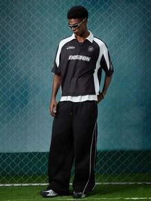 EVRINFINITE Men's Casual Loose Fit Straight Leg Sweatpants With Contrast Color Embroidered Panels, Thermal Lined, Suitable For Autumn/Winter - Black - View 3