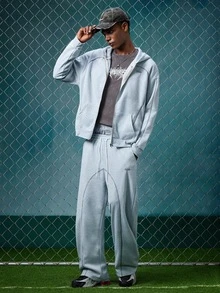 EVRINFINITE Men's Thermal Lined Casual Letter Embroidery Zip-Up Hoodie And Sweatpants Set, Autumn Men Two Pieces Set, Winter - Grey - View 1