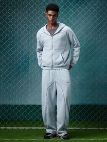 EVRINFINITE Men's Thermal Lined Casual Letter Embroidery Zip-Up Hoodie And Sweatpants Set, Autumn Men Two Pieces Set, Winter - Grey - View 3