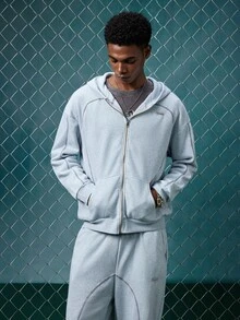 EVRINFINITE Men's Thermal Lined Casual Letter Embroidery Zip-Up Hoodie And Sweatpants Set, Autumn Men Two Pieces Set, Winter - Grey - View 4
